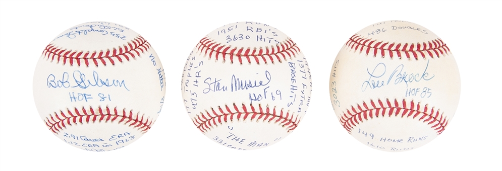 Lot of (3) Hall Of Famers Single Signed Baseballs With Stat Inscriptions: Musial, Gibson & Brock (JSA & Beckett)